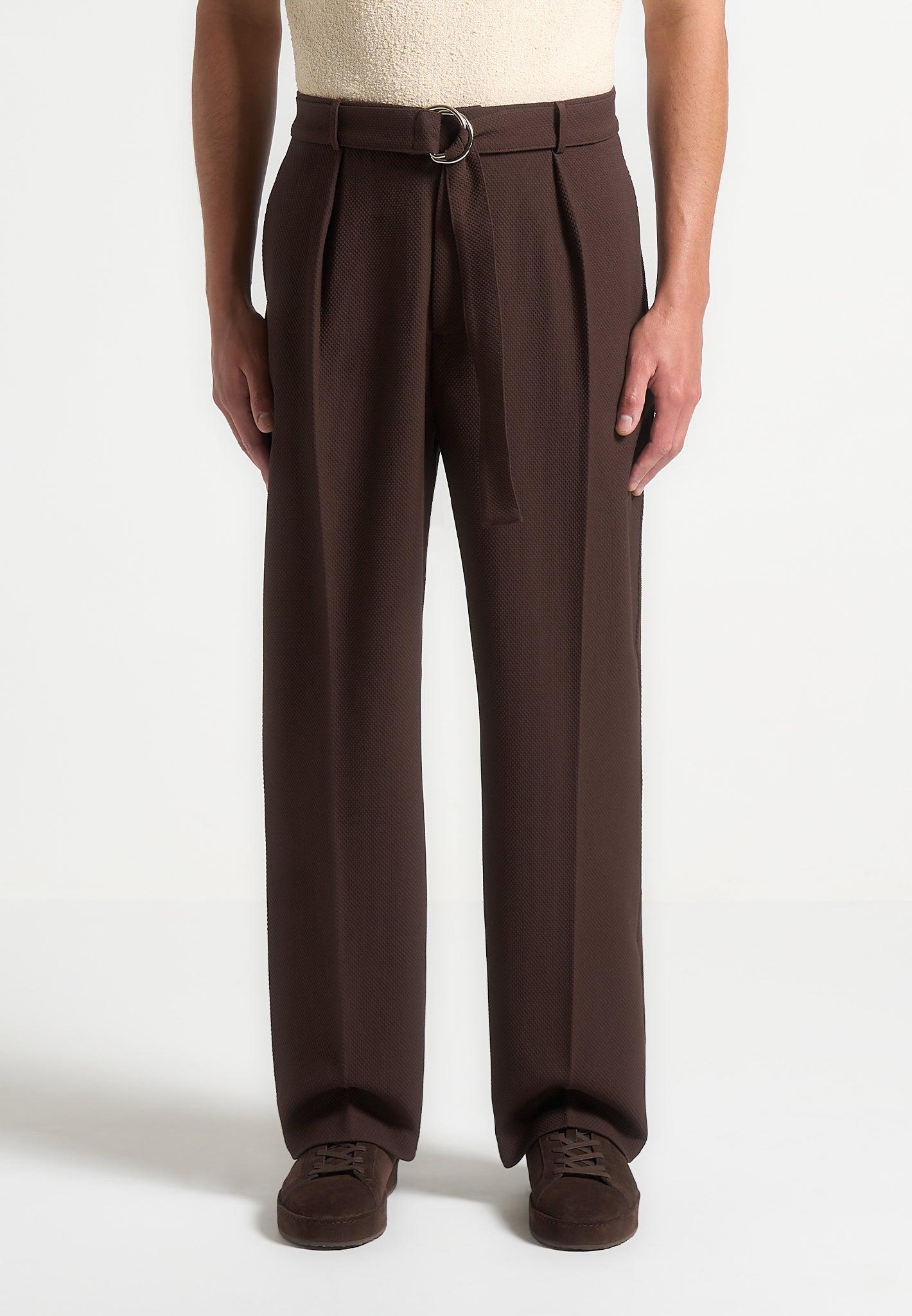 Louis - Relaxed Fit Textured Belted Tailored Trousers - Brown Male Product Image