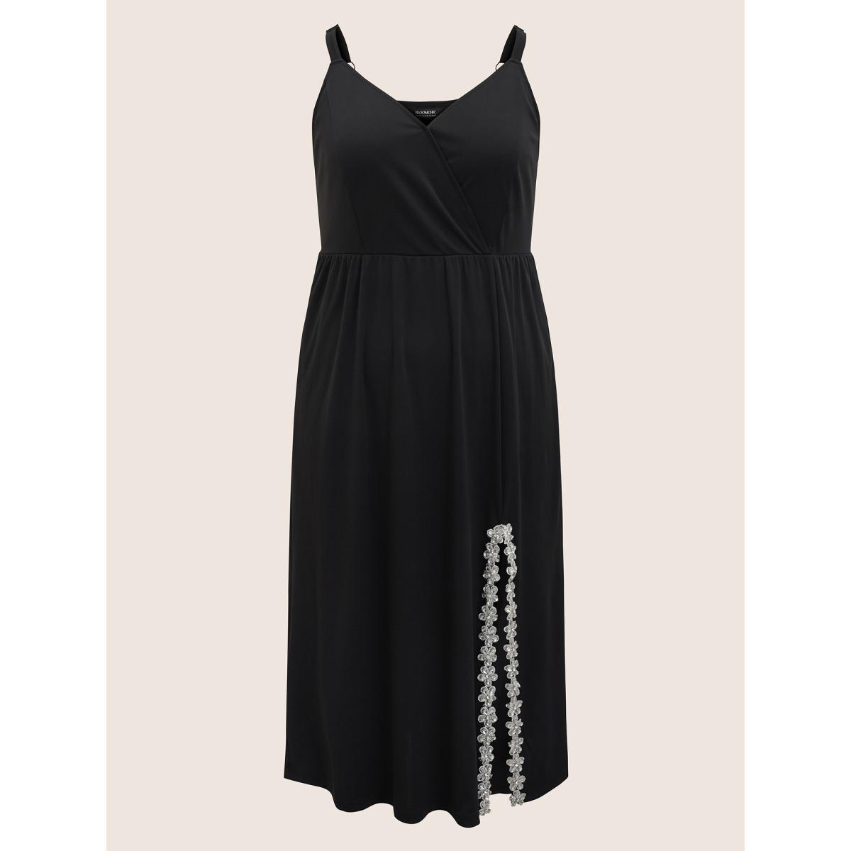 Plus Size Rhinestone Detail Floral Embroidered Split Front Dress Black Women Cocktail Rhinestone detailing V-neck Sleeveless Curvy BloomChic 12/L Product Image