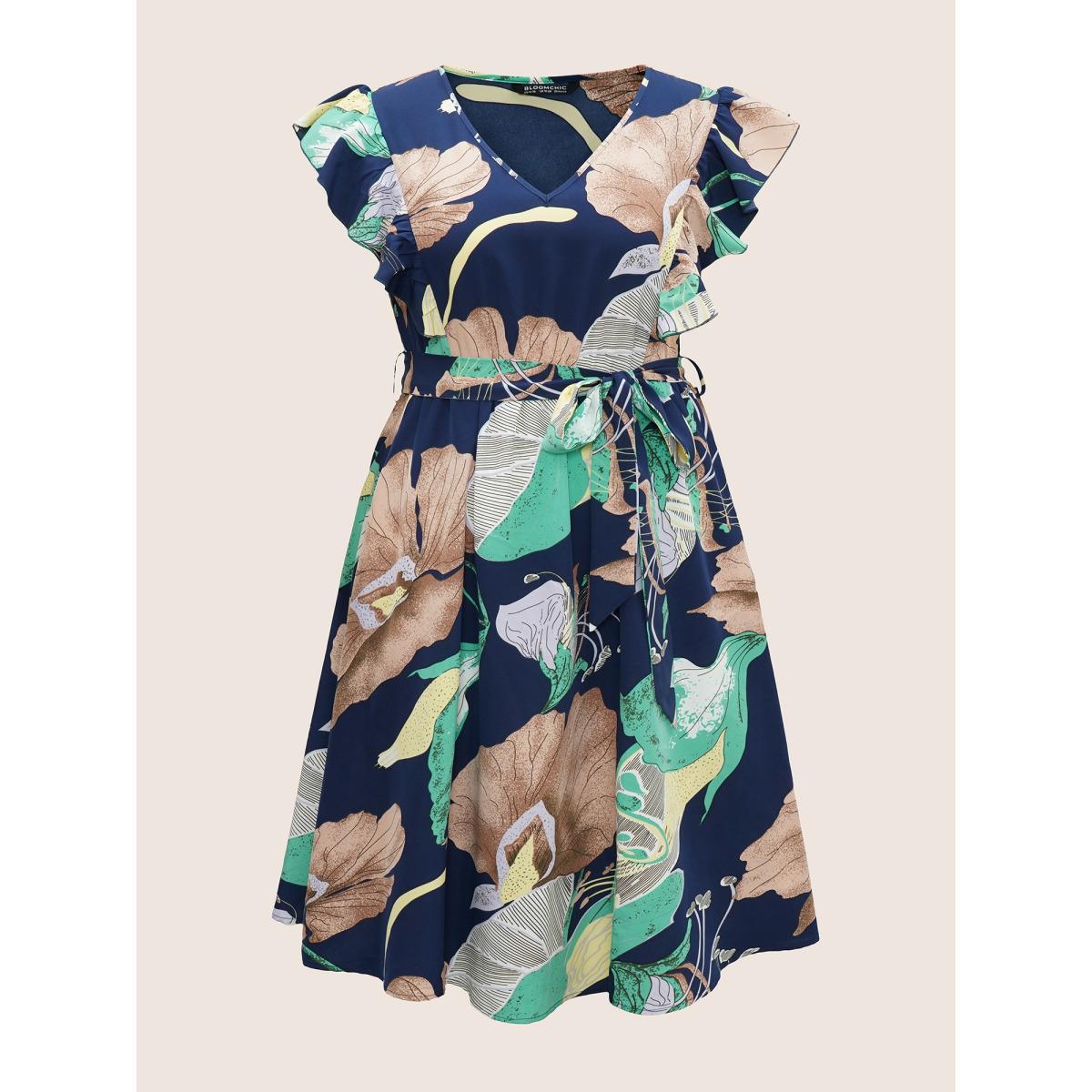 Plus Size Floral Print Flutter Sleeve Belted Midi Dress DarkBlue Women Elegant Non V-neck Cap Sleeve Curvy Midi Dress BloomChic 26/4X Product Image