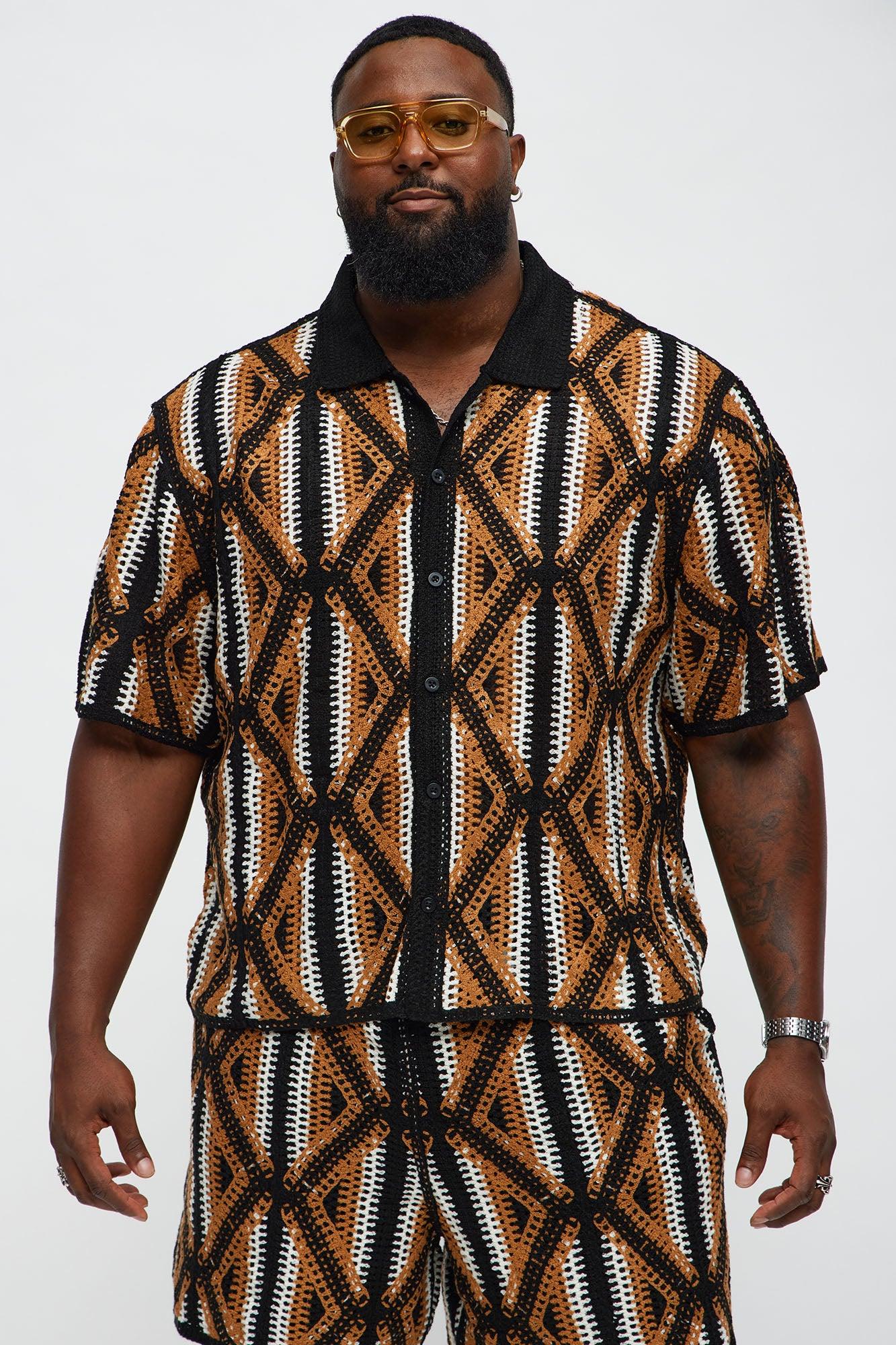 Cropped Relaxed Triangles Knit Closed Collar Shirt - Black/combo Product Image