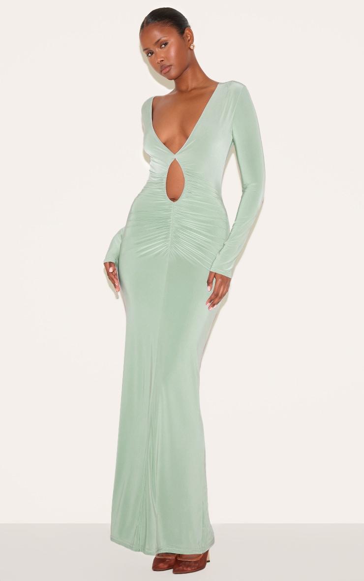  Sage Green Double Layer Plunge Ruched Maxi Dress Product Image