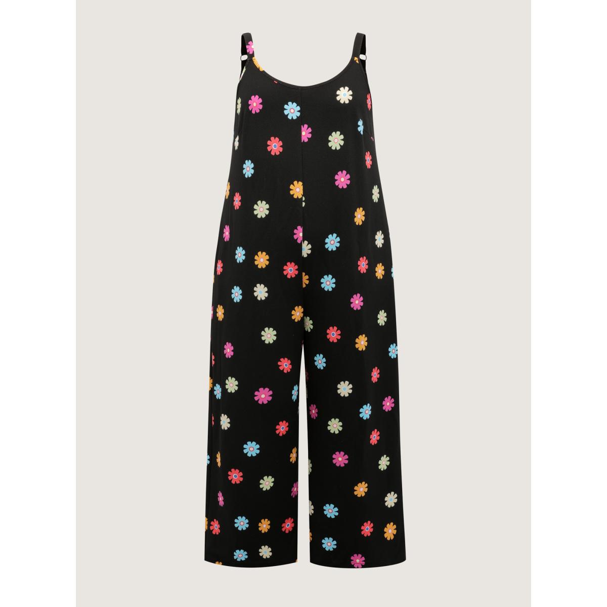 Plus Size Black Colorful Floral Print Wide-Leg Jumpsuit Women Playful Sleeveless Non Casual Loose Jumpsuits BloomChic 10/M Product Image