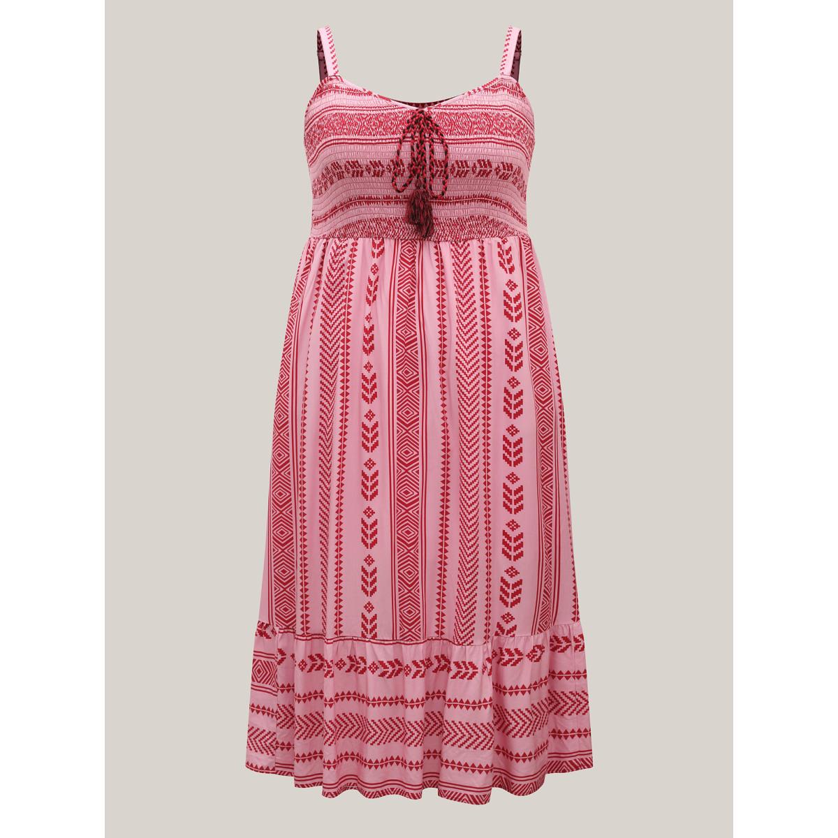 Plus Size Boho Stripes Shirred Tassel Midi Dress Rosered Women Square Neck Sleeveless Curvy BloomChic 10/M Product Image