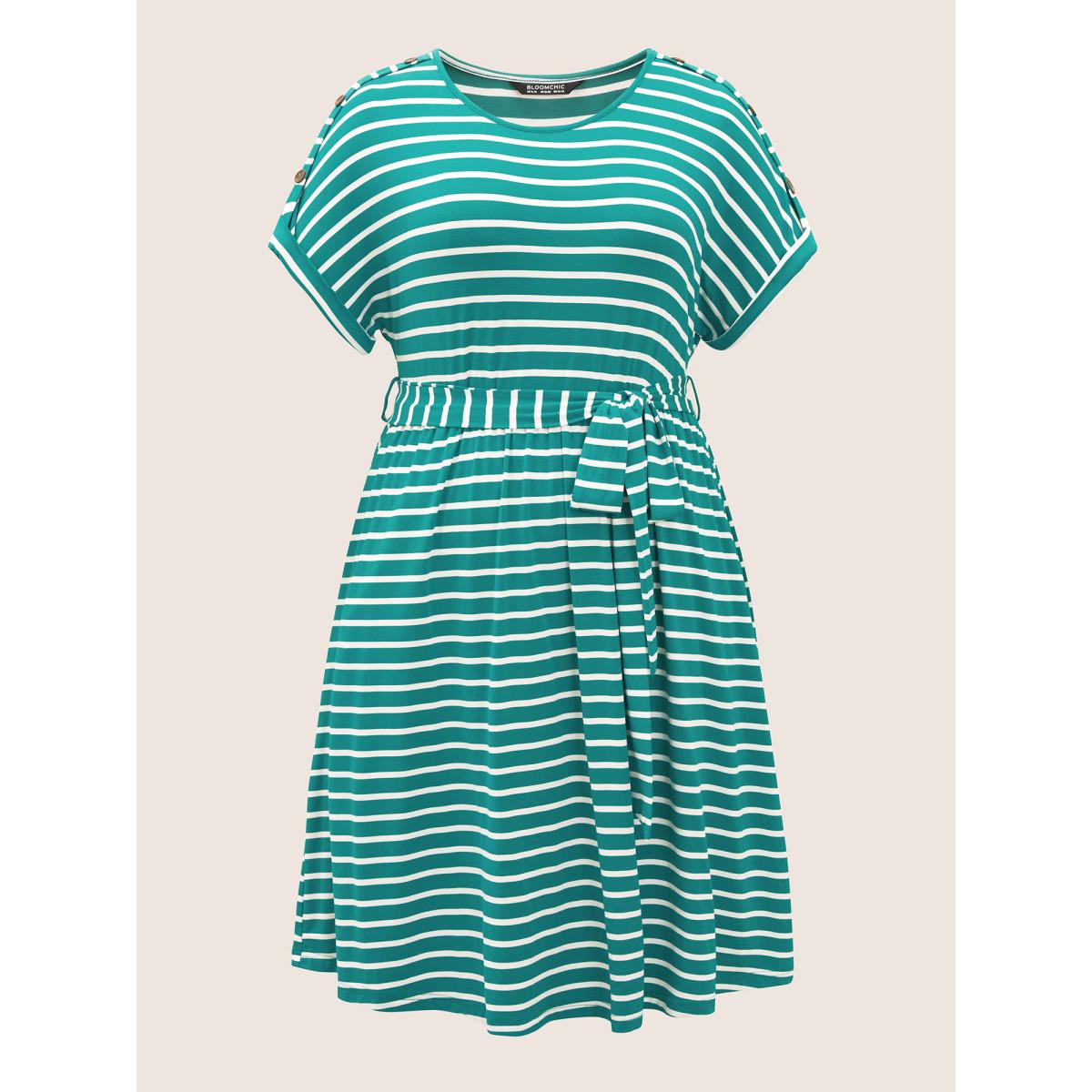 Plus Size Supersoft Essentials Striped Dolman Sleeve Belted Dress Turquoise Women Casual Non Round Neck Short sleeve Curvy Midi Dress BloomChic 22-24/3X Product Image