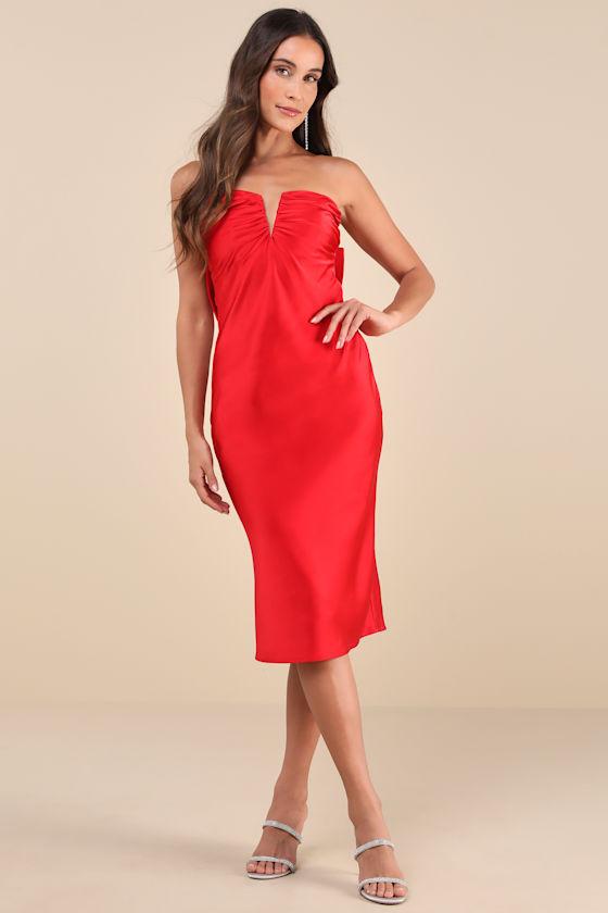 Luxe Crush Red Satin Rhinestone Bow Strapless Midi Dress Product Image
