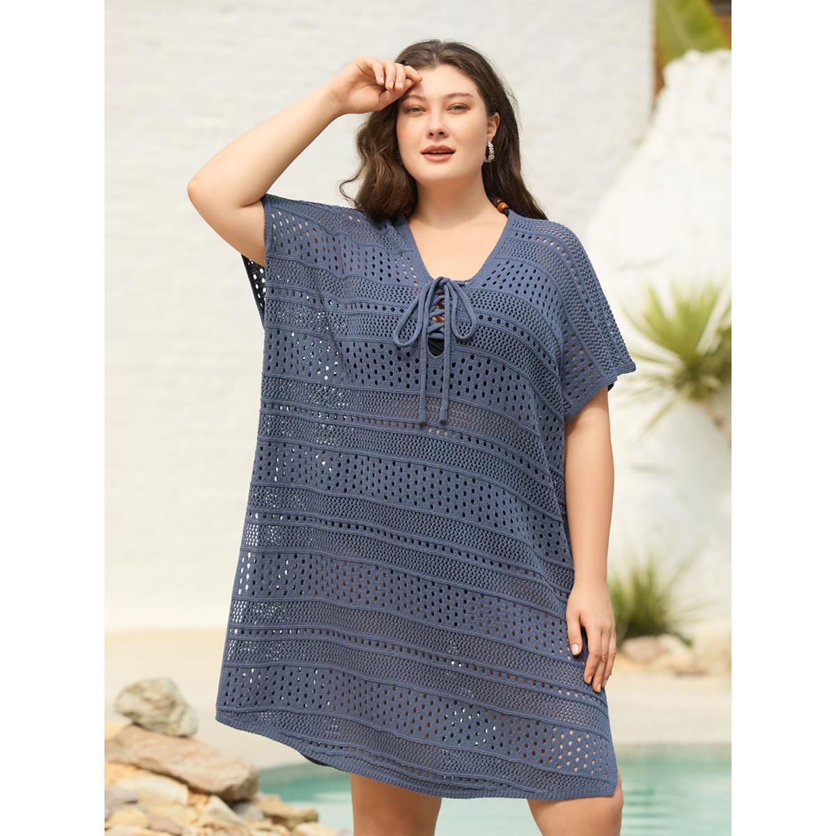 Plus Size Cut-Out Tied Solid Swim Cover-Up Women's Swimwear SlateGray Beach Loose Tie knot Curve Swim Cover Ups BloomChic 10/M Product Image