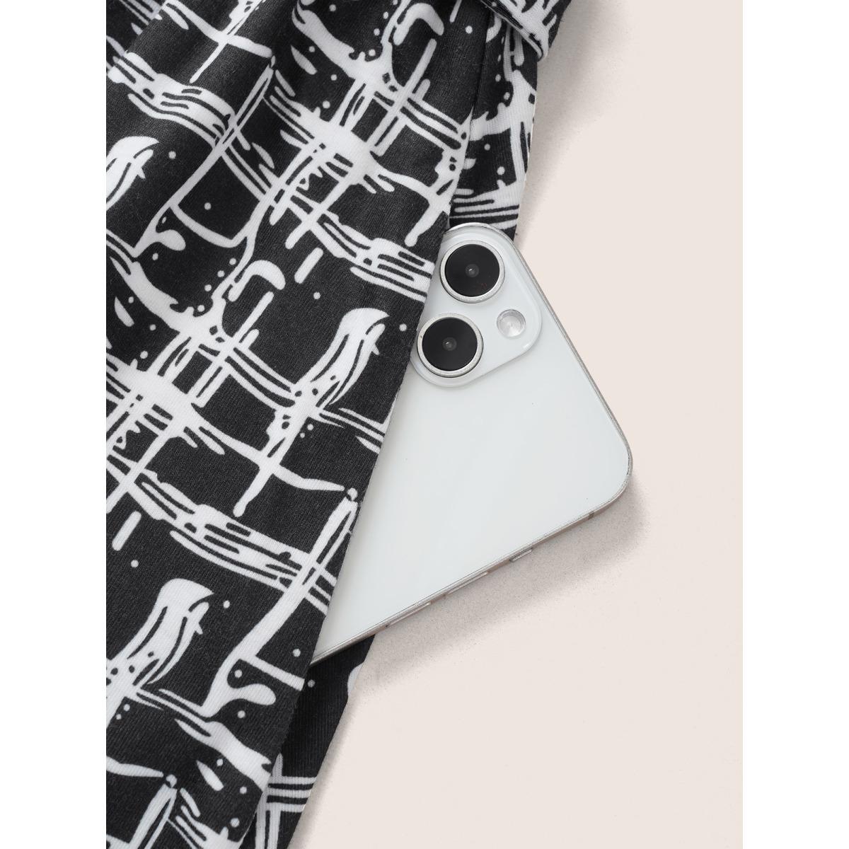 Plus Size Plaid Elastic Waist Belted Pocket Dress Black Women Work From Home Non V-neck Short sleeve Curvy Midi Dress BloomChic 14-16/1X Product Image