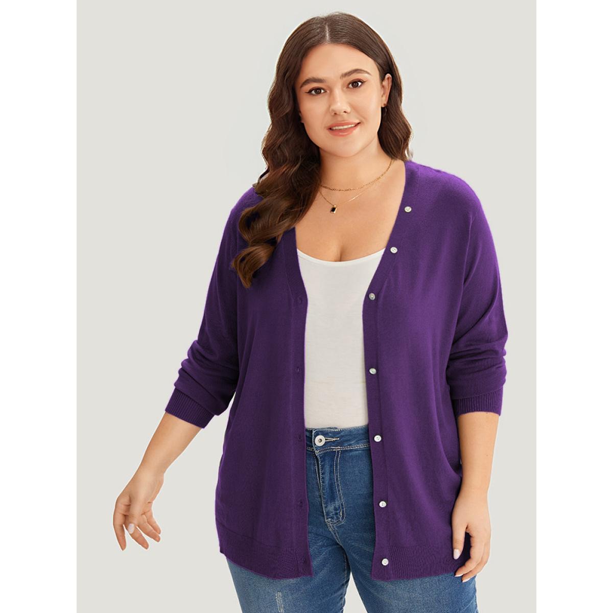 Plus Size Supersoft Essentials Plain Button Detail Very Stretchy Cardigan Blackcurrant Women Casual Loose Long Sleeve Everyday Cardigans BloomChic 28/5X Product Image