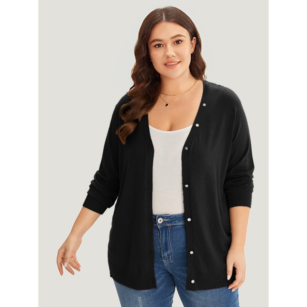 Plus Size Supersoft Essentials Plain Button Detail Very Stretchy Cardigan Black Women Casual Loose Long Sleeve Everyday Cardigans BloomChic 18-20/2X Product Image