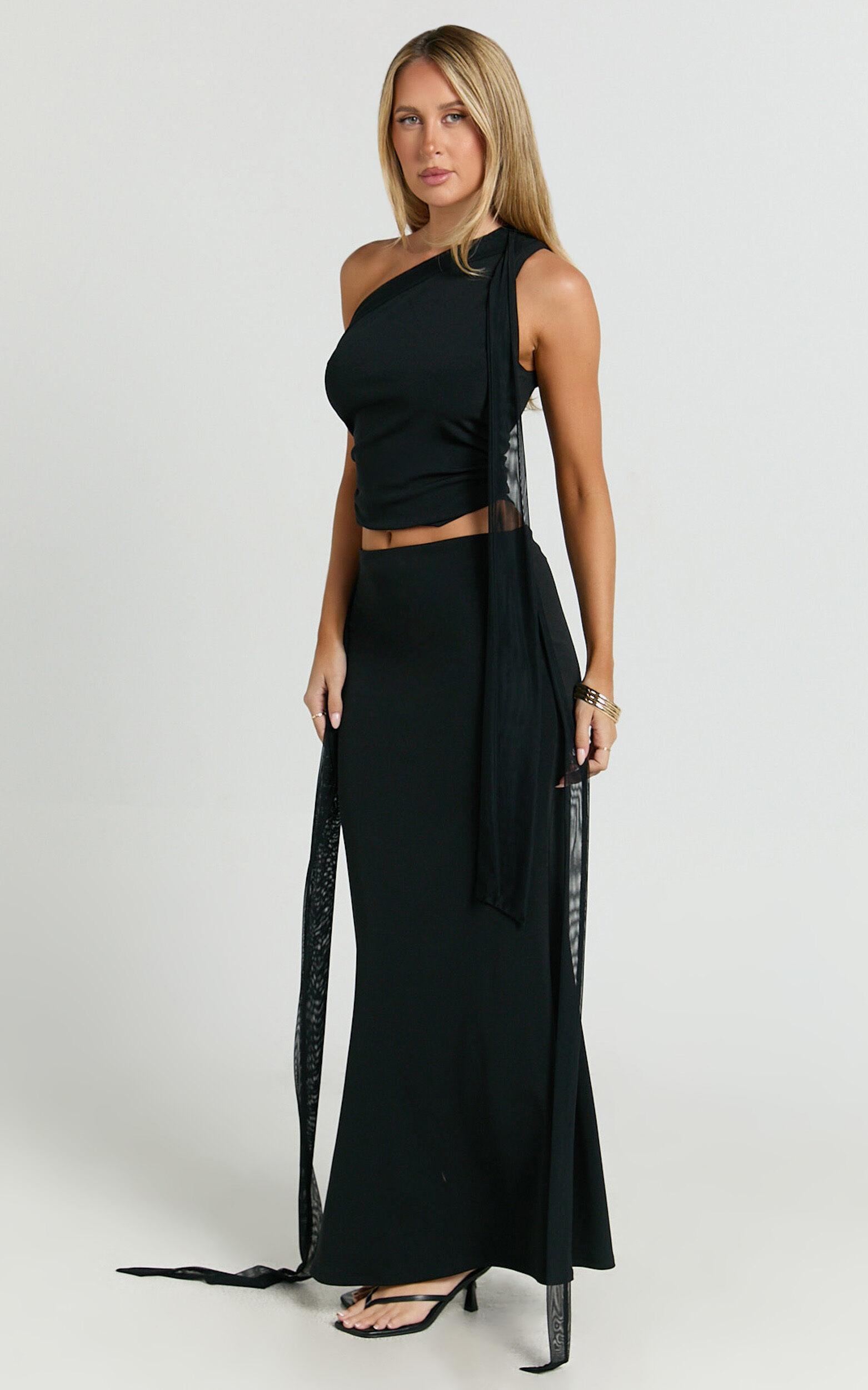 Rhoda Two Piece Set - Scarf Top and Tie Detail Maxi Skirt Set in Black Product Image
