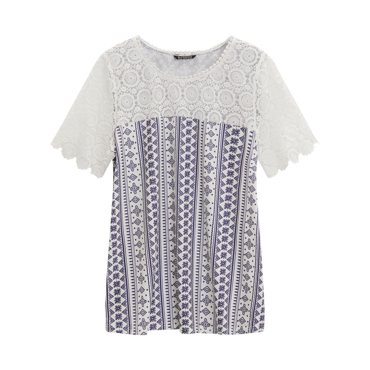 Plus Size Bandana Print Lace Patchwork Pompom Trim T-shirt DarkBlue Women Elegant Lace Bohemian Print Round Neck Dailywear T-shirts BloomChic 12/L Product Image