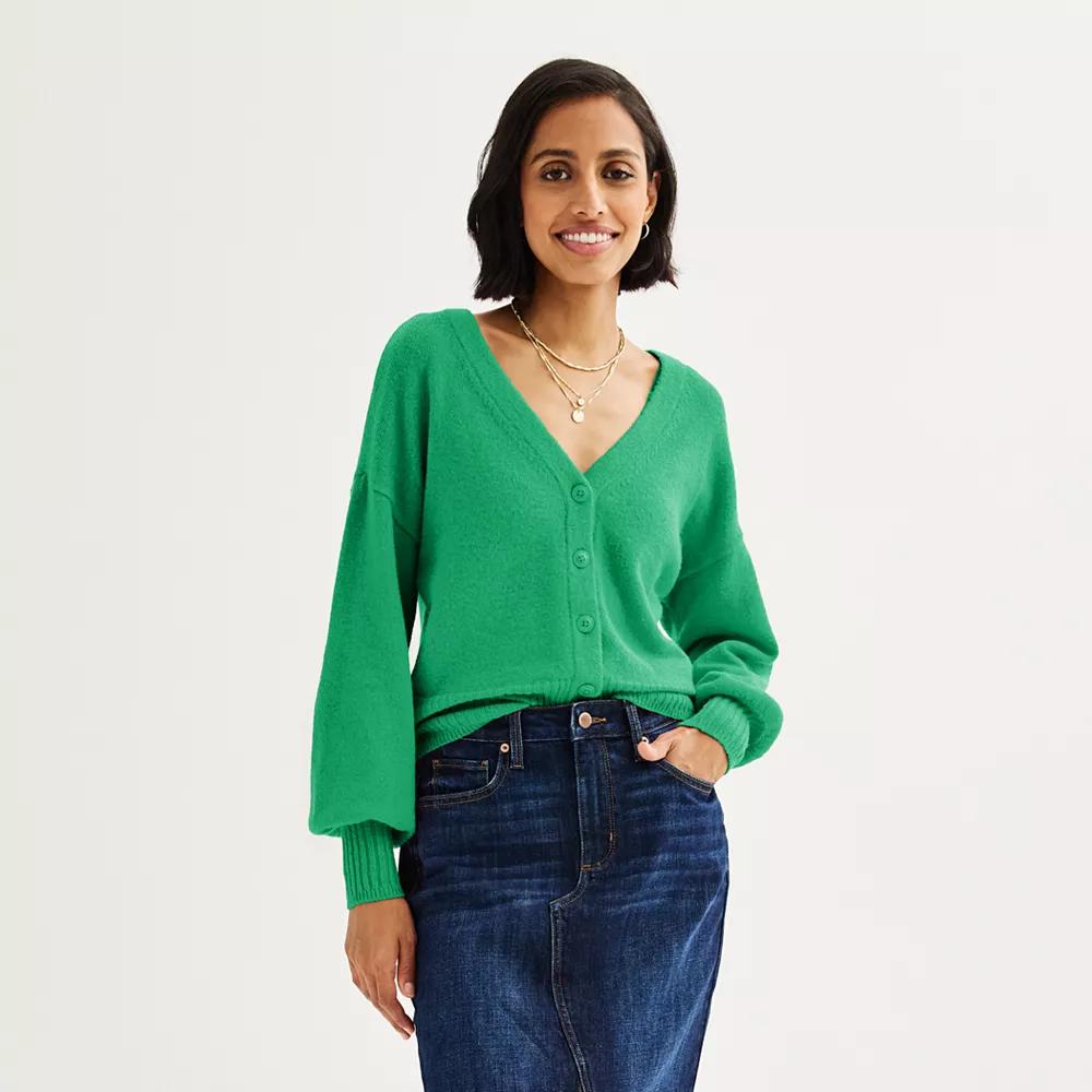 Petite Sonoma Goods For Life Balloon Sleeve Button-Front Cardigan, Womens Green Flare Product Image