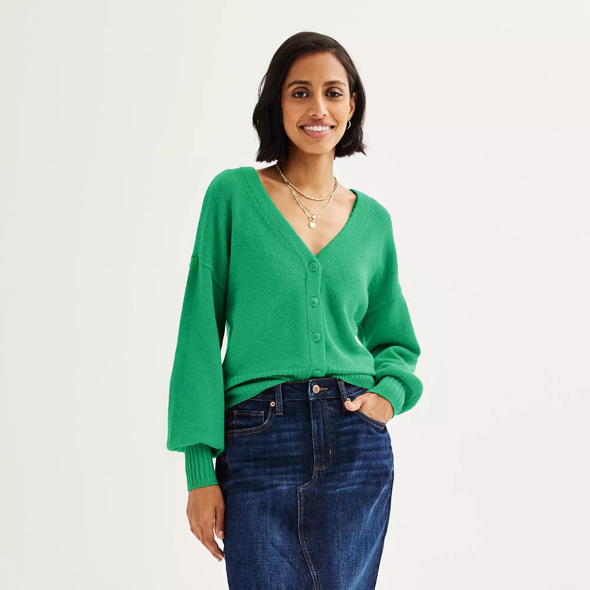 Petite Sonoma Goods For Life Balloon Sleeve Button-Front Cardigan, Womens Green Flare Product Image
