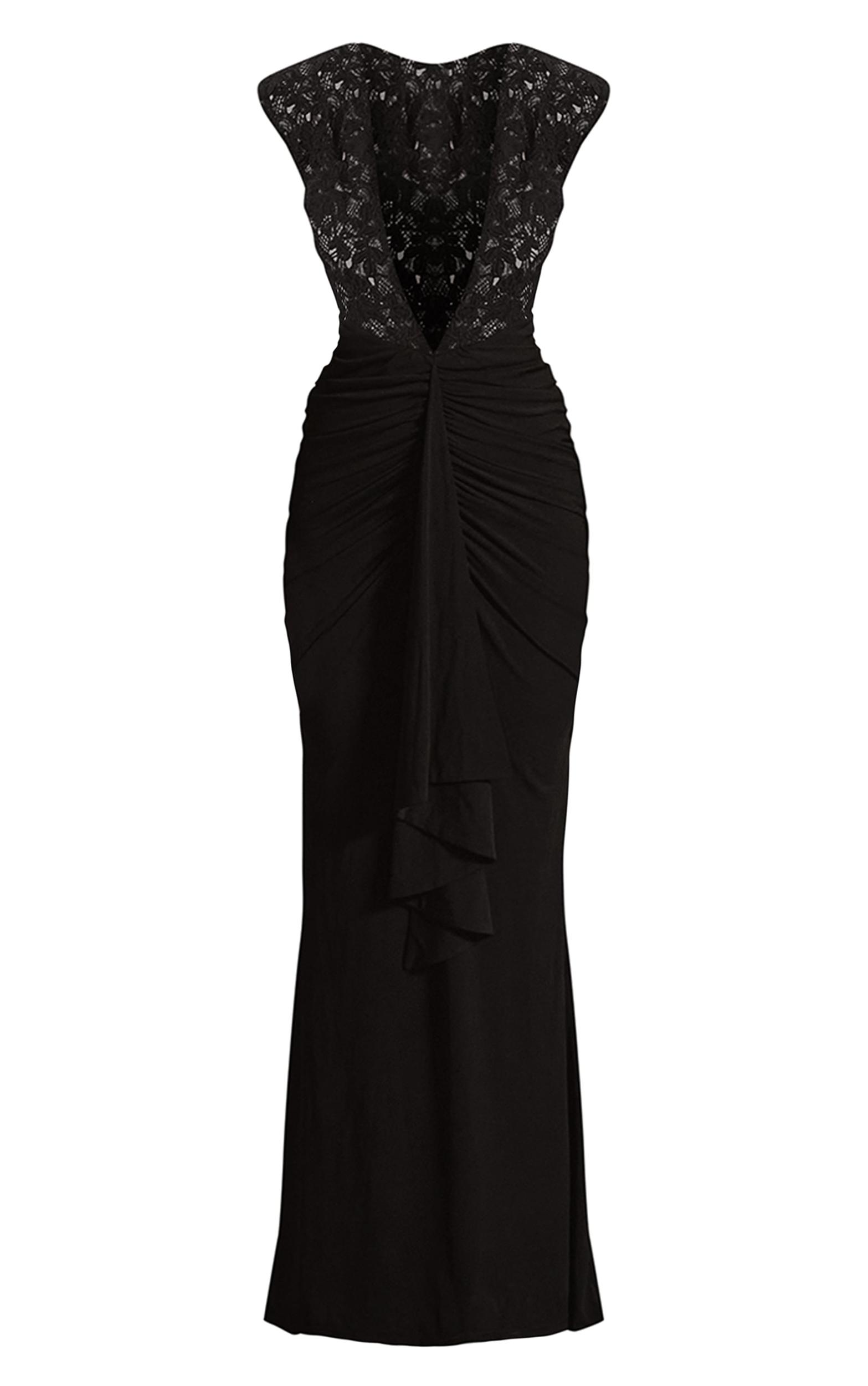 PLT Label Black Lace Extreme Shoulder Plunge Ruched Slinky Maxi Dress Product Image