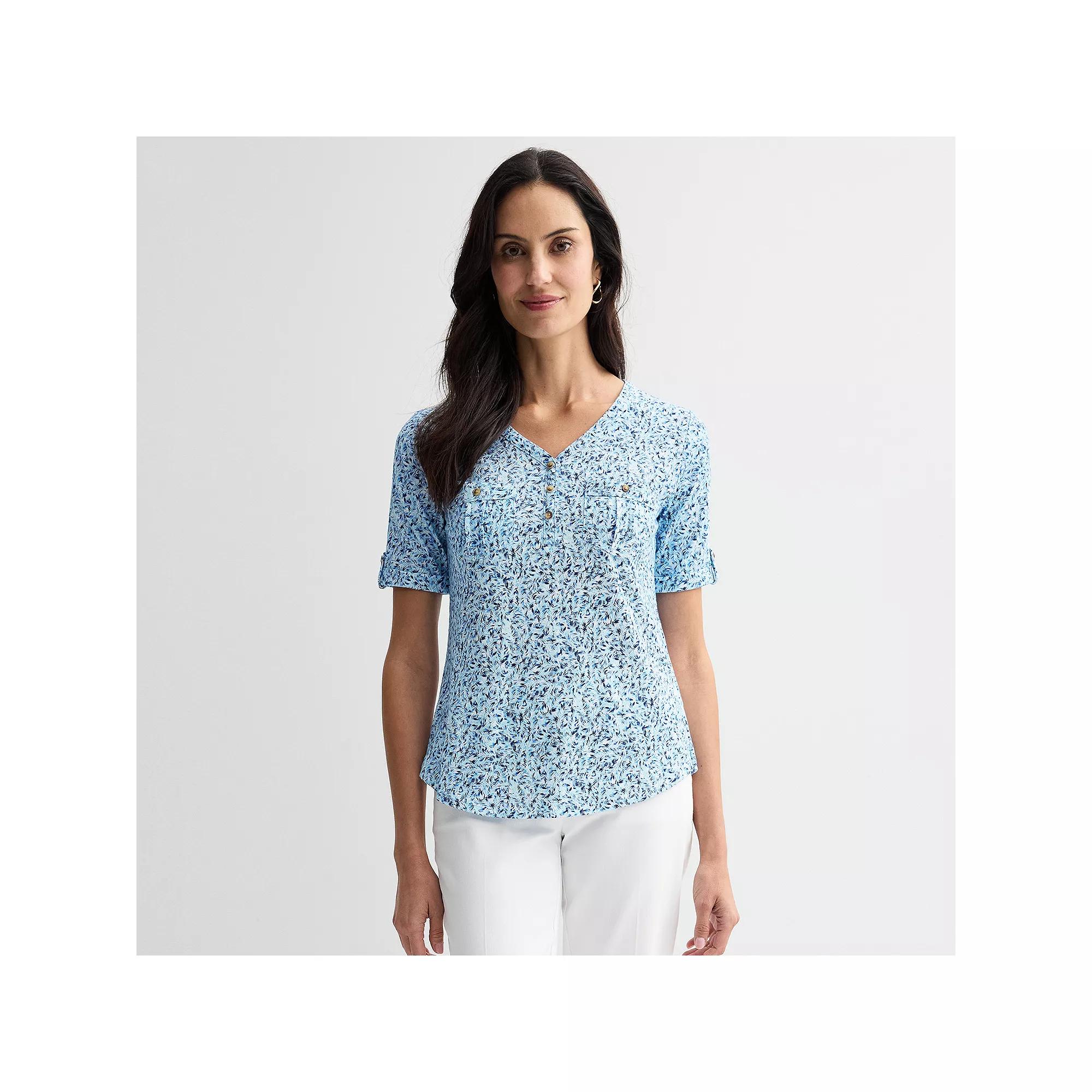 Women's Croft & Barrow® Elbow Sleeve Utility Henley Top, Size: Small, Blue Texture Palms Product Image