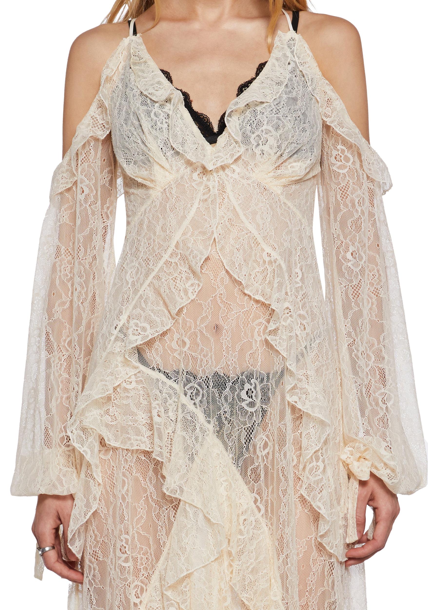 Womens Sheer Floral Lace Maxi Dress With Ruffles Current Mood - Off White Product Image