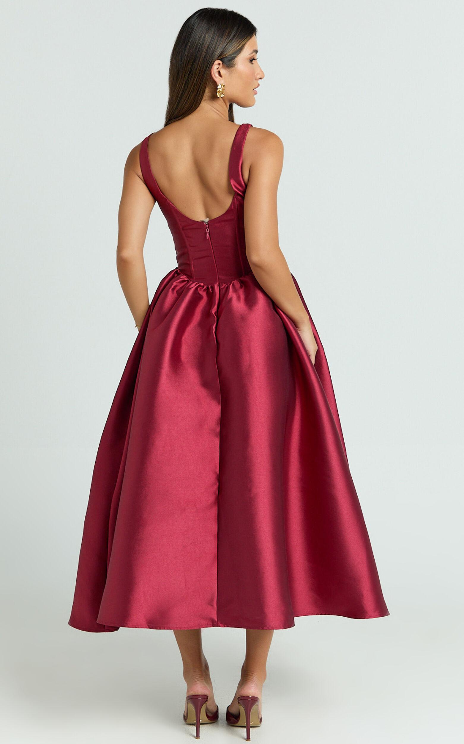Courtney Midi Dress - Corset Panel Low Back Dress in Wine Product Image