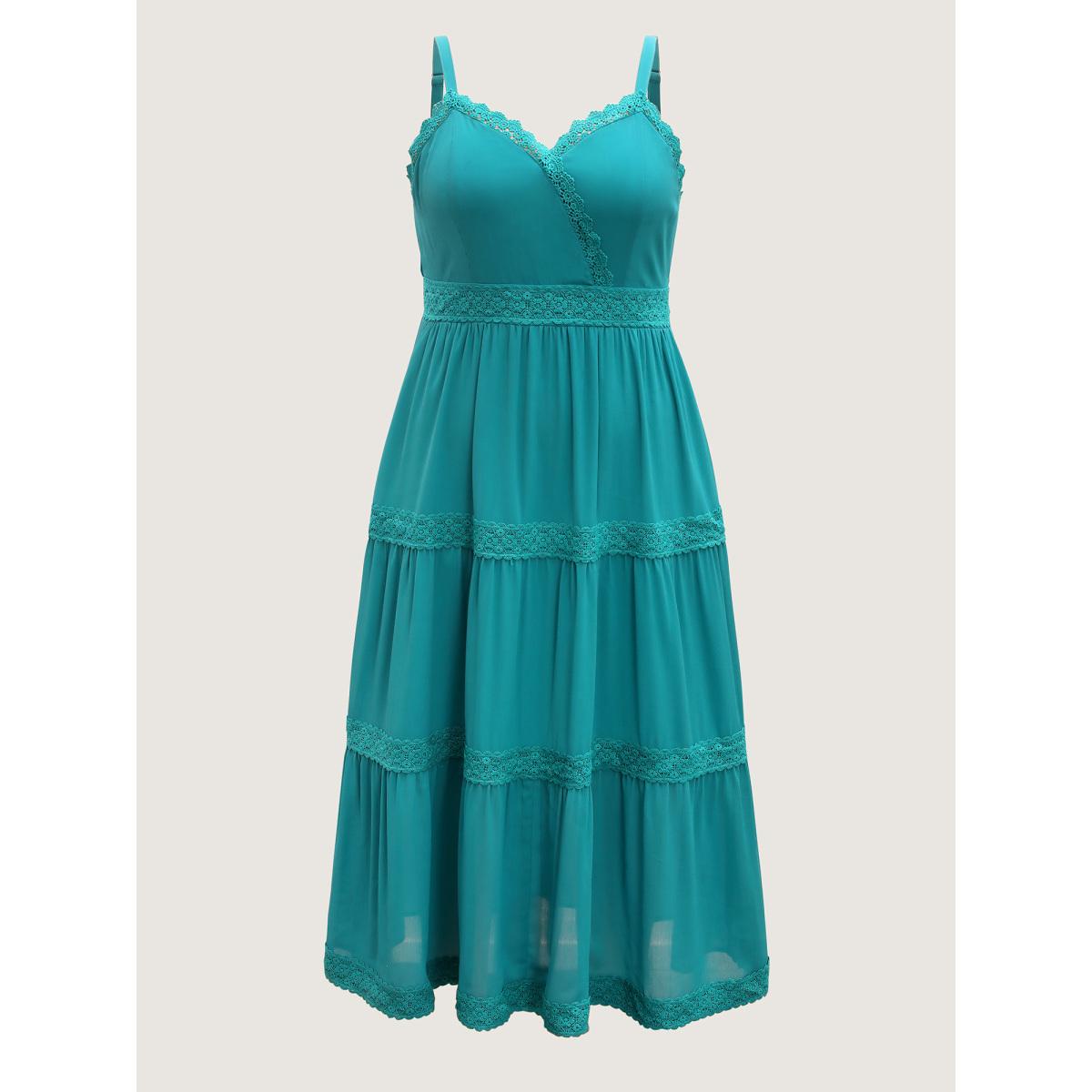 Plus Size Deep V-Neck Lace Tiered Midi Dress Cerulean Women Overlap Collar Sleeveless Curvy BloomChic 14-16/1X Product Image