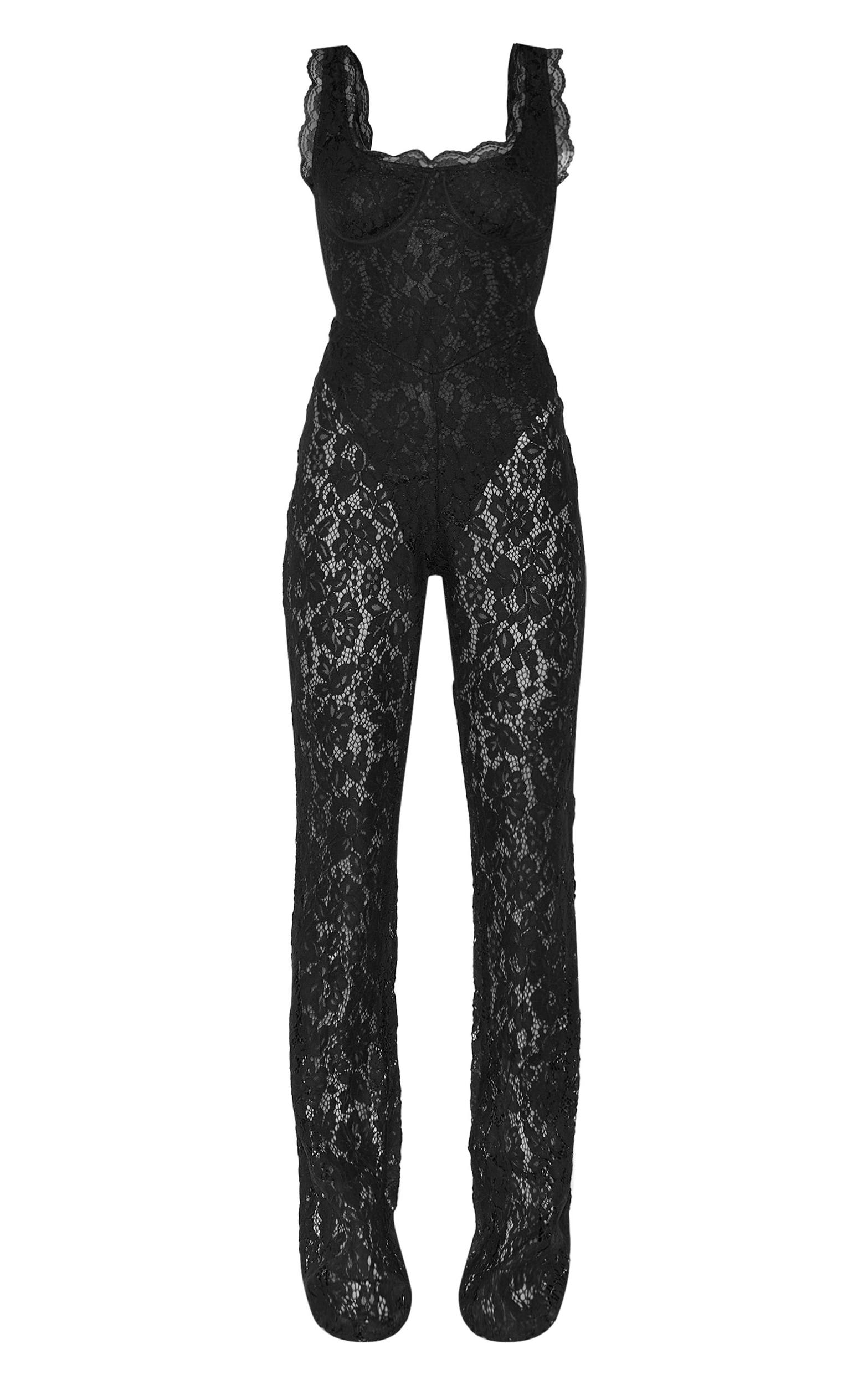 Black Lace Boning Detail Strappy Flared Jumpsuit Product Image