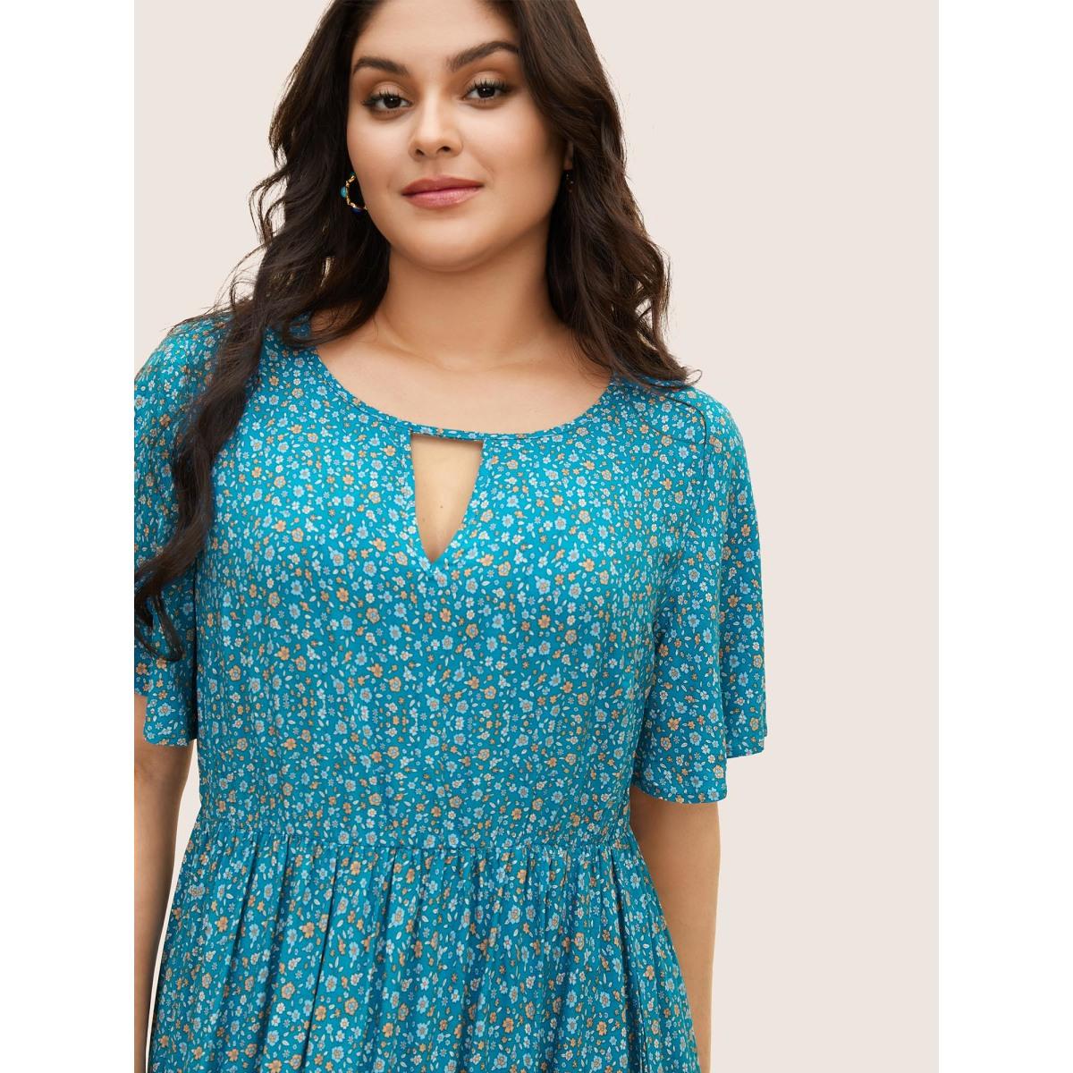 Plus Size Bandana Keyhole Ruffle Sleeve Midi Dress Mediumblue Women Resort Gathered Notched collar Short sleeve Curvy BloomChic 12/L Product Image