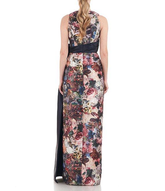 Kay Unger Floral Sleeveless Surplice V-Neck Asymmetrical Bow Empire Waist Tulip Dress Product Image