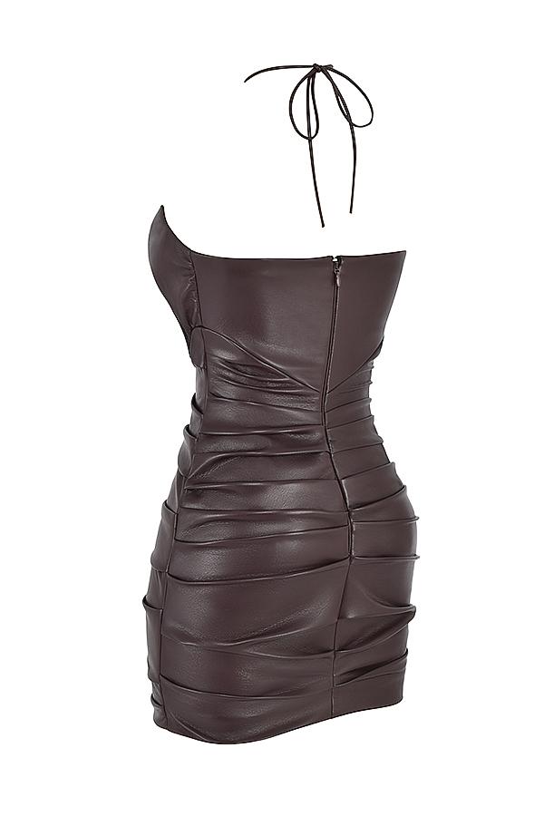 Olivia  bitter chocolate vegan leather mini dress Product Image