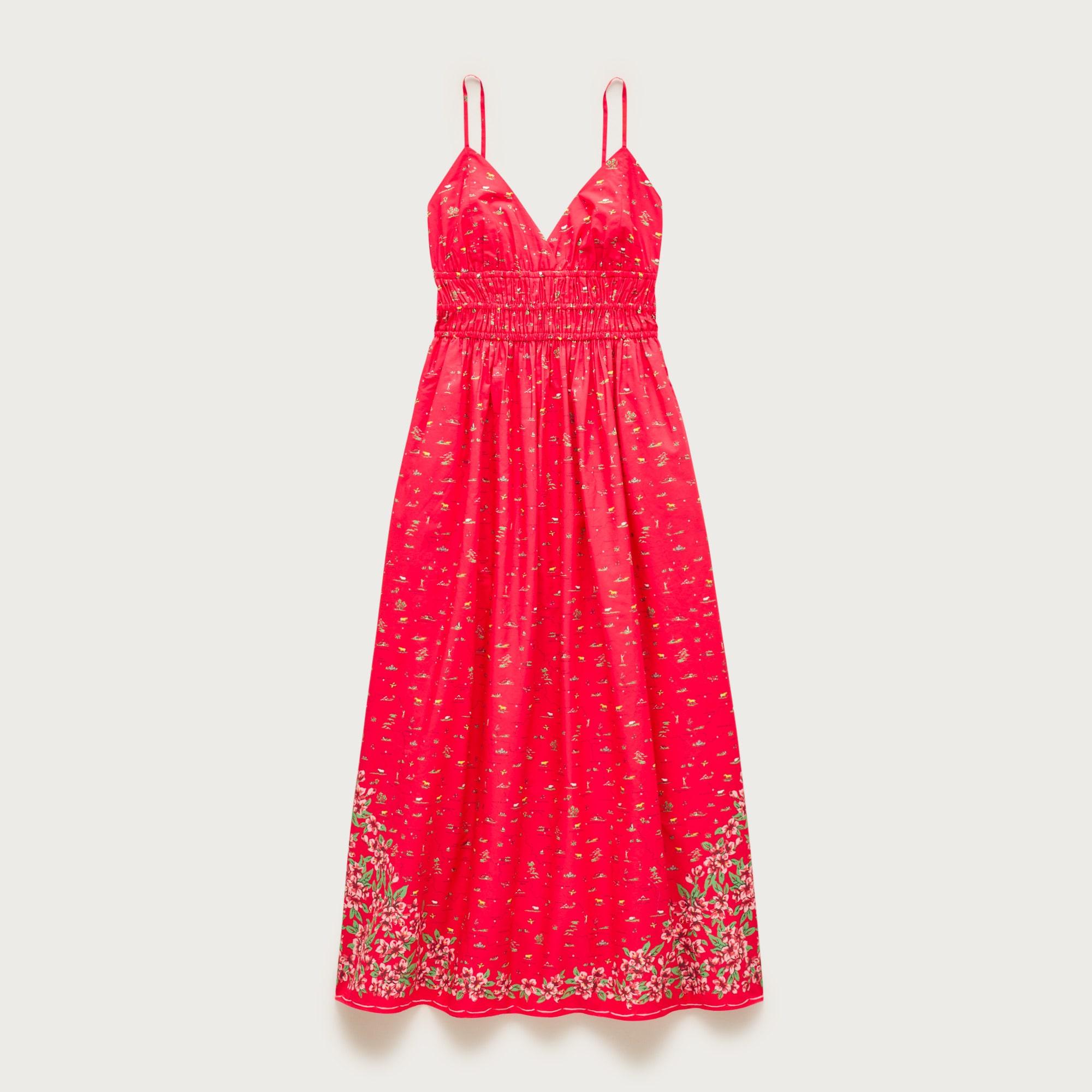 Smocked-waist V-neck dress in map print Product Image