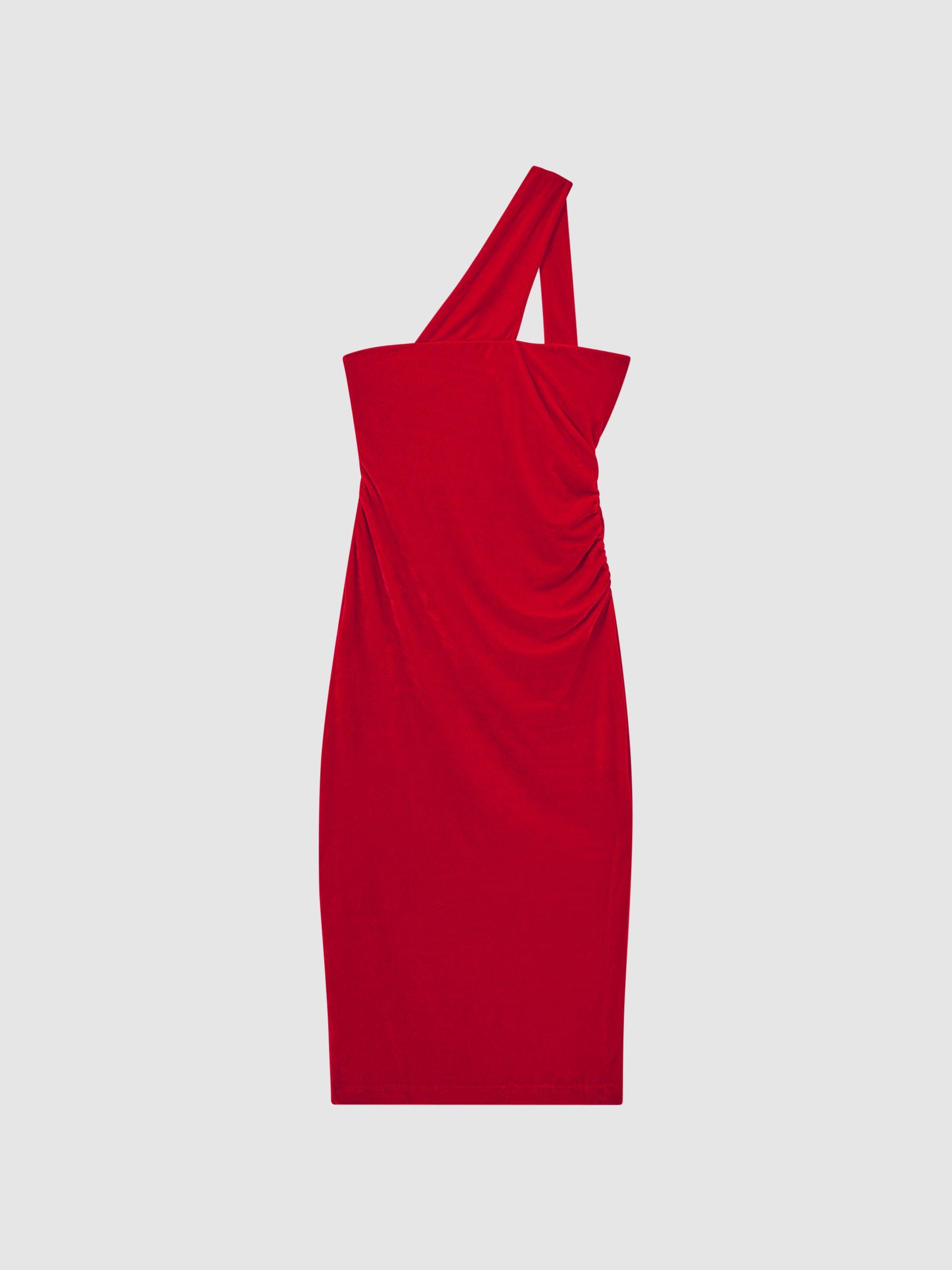 Velvet One-Shoulder Midi Dress in Red Product Image