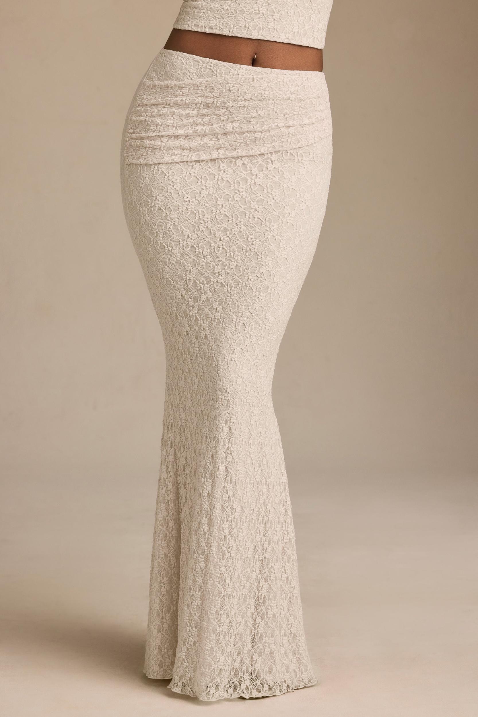 Draped Low-Rise Lace Maxi Skirt in Ivory Product Image
