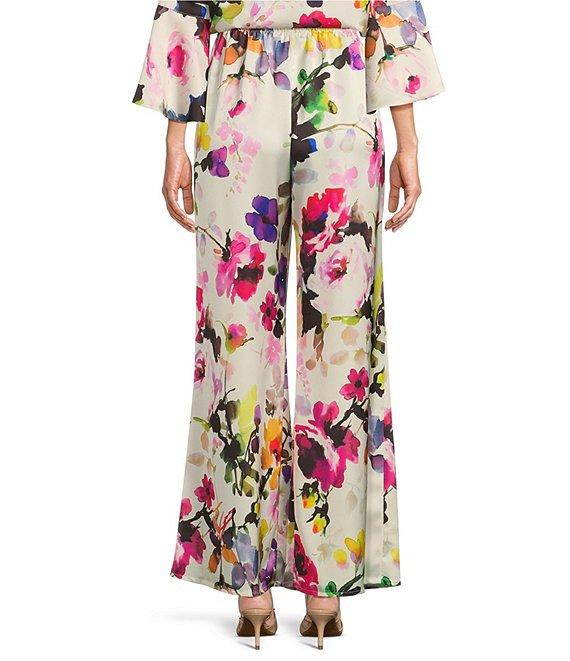 Caroline Rose Brilliant Floral Bouquet Print Satin Coordinating Wide-Leg Pull-On Pants Product Image