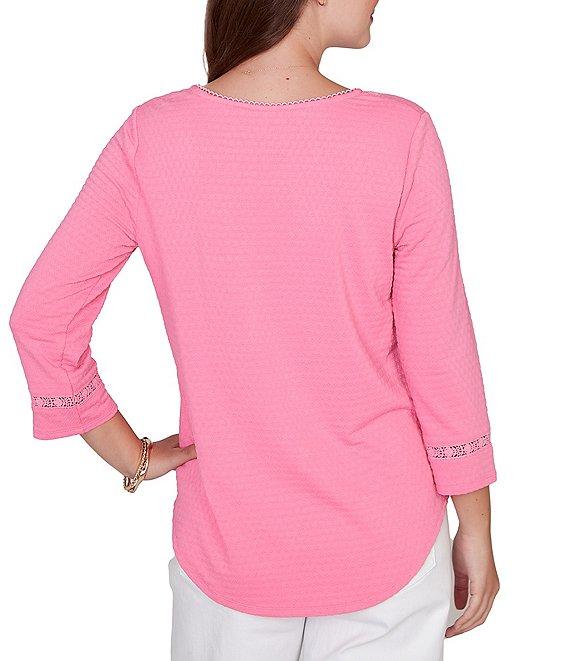 Ruby Rd. Petite Size Soft Textured Knit Crew Neck 3/4 Sleeve Lace Trim Top Product Image