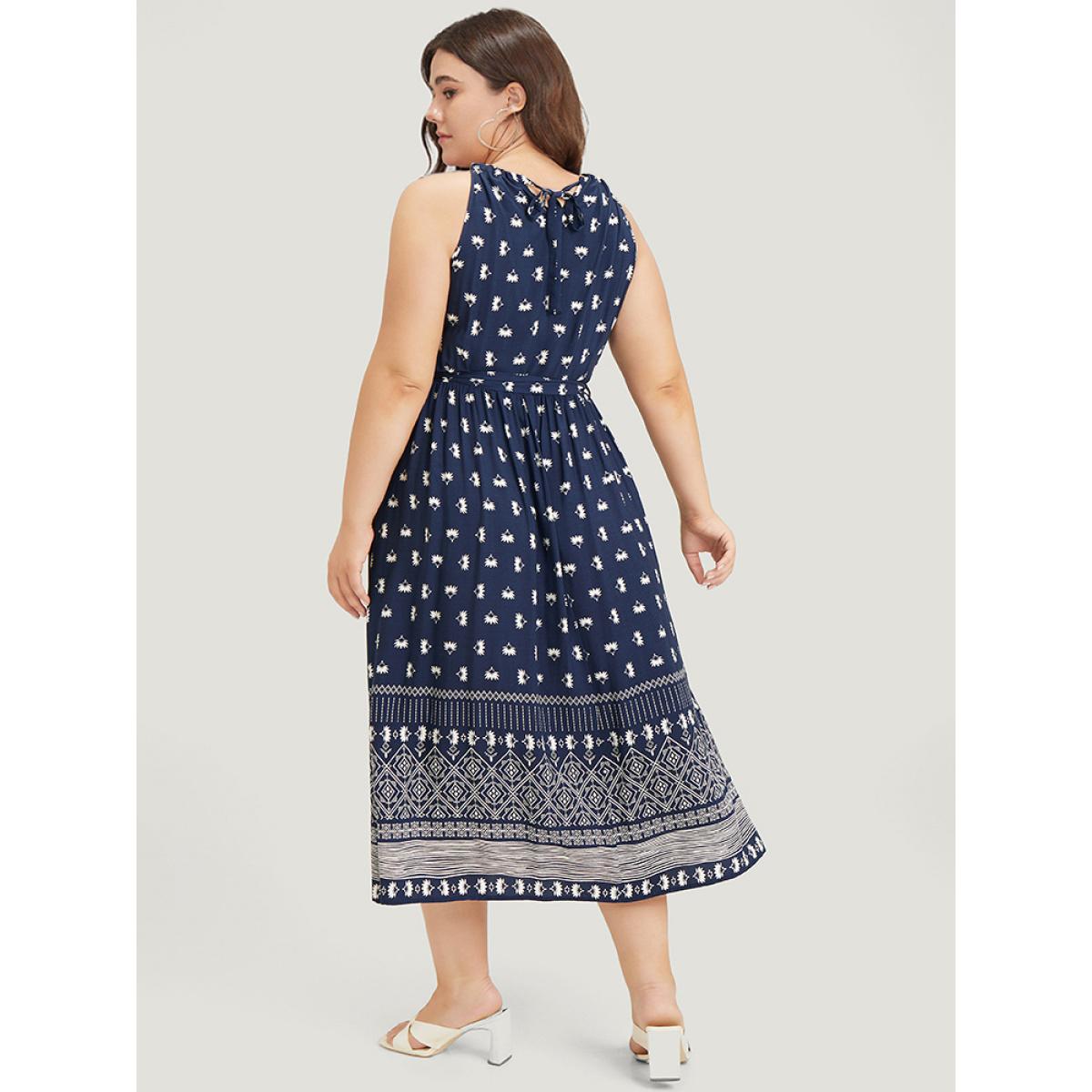 Plus Size Boho Print Knot Halter Pocket Belted Split Dress Indigo Women Vacation Gathered Halter neck Sleeveless Curvy Midi Dress BloomChic 28/5X Product Image