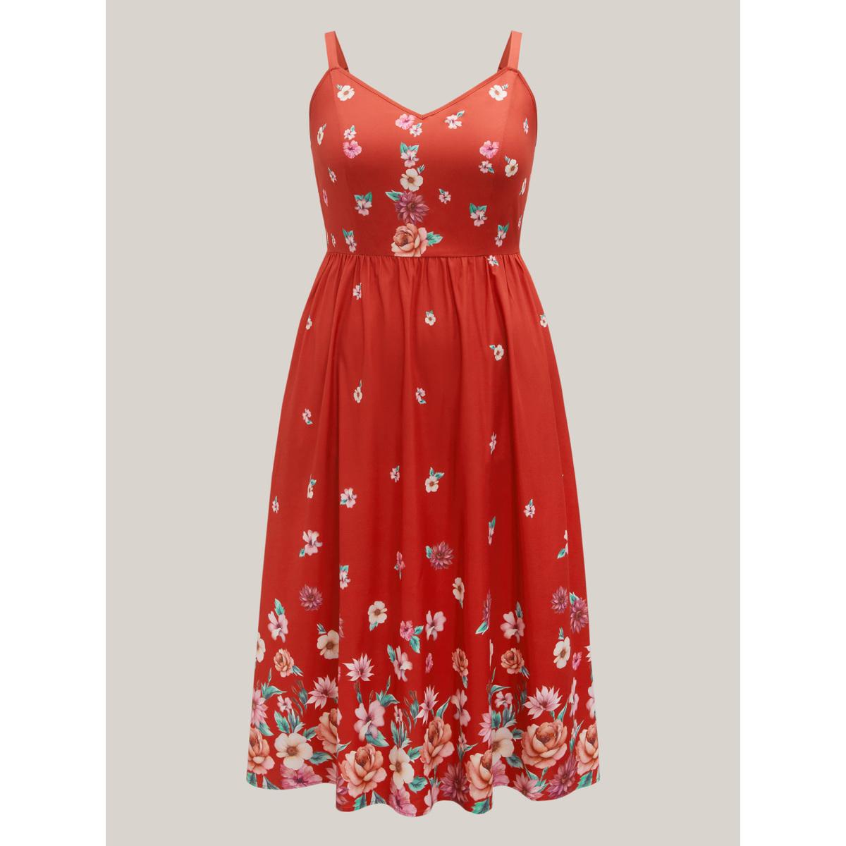 Plus Size Blooming Flowers V Neck Pockets Dress Crimson Women V-neck Sleeveless Curvy BloomChic 22-24/3X Product Image