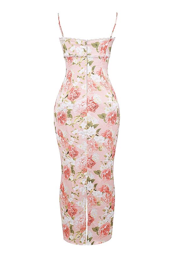 Josefina  pink peony print satin maxi dress Product Image