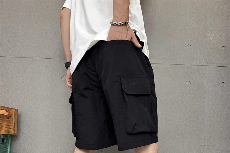 Drawstring Waist Plain Wide Leg Cargo Shorts Product Image