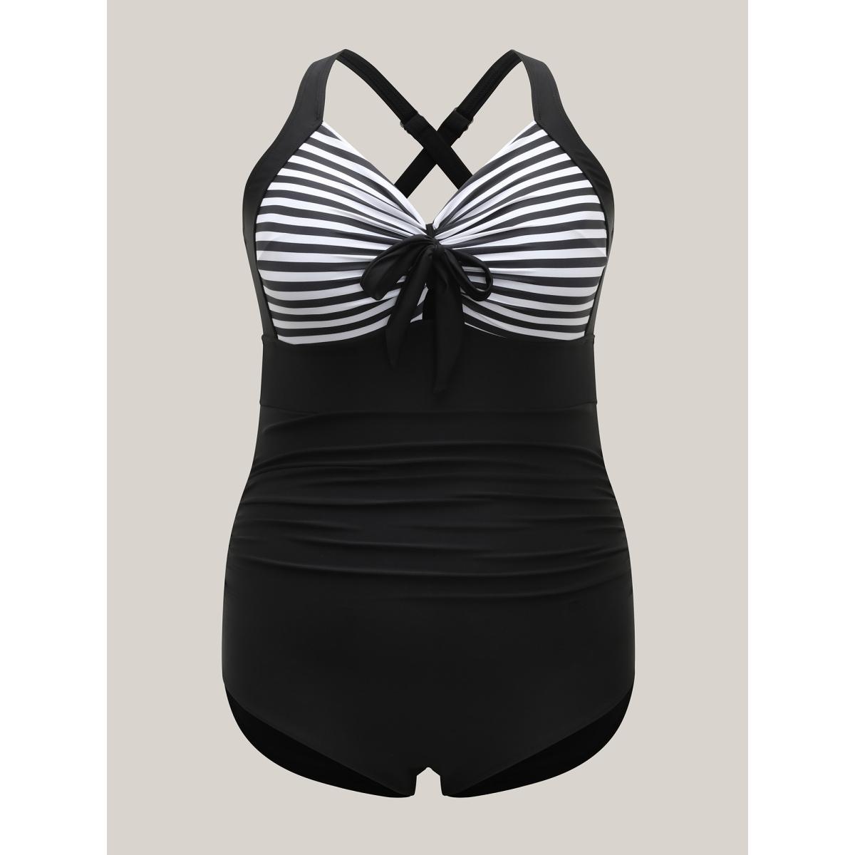 Plus Size Striped Adjustable Bust-Tie One-Piece Swimsuit Women's Swimwear Black Beach Tie knot Curve Bathing Suits High stretch One Pieces BloomChic 14-16/1X Product Image