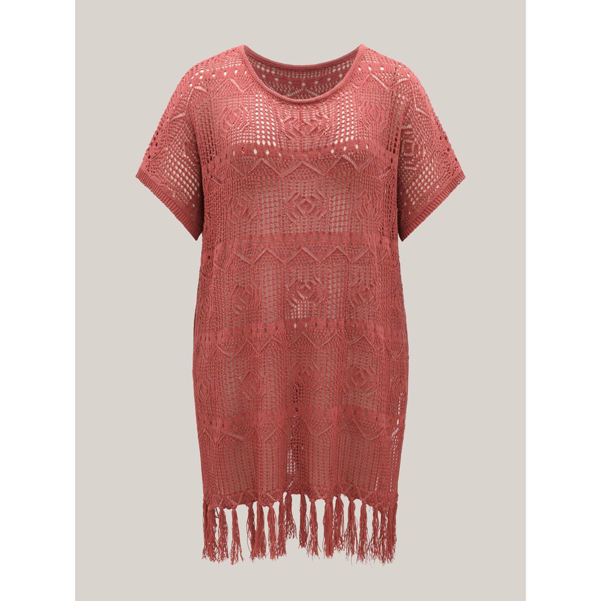 Plus Size Crochet Slit Tassels Swim Cover-Up Women's Swimwear Rust Beach Loose Texture Curve Swim Cover Ups BloomChic 18-20/2X Product Image