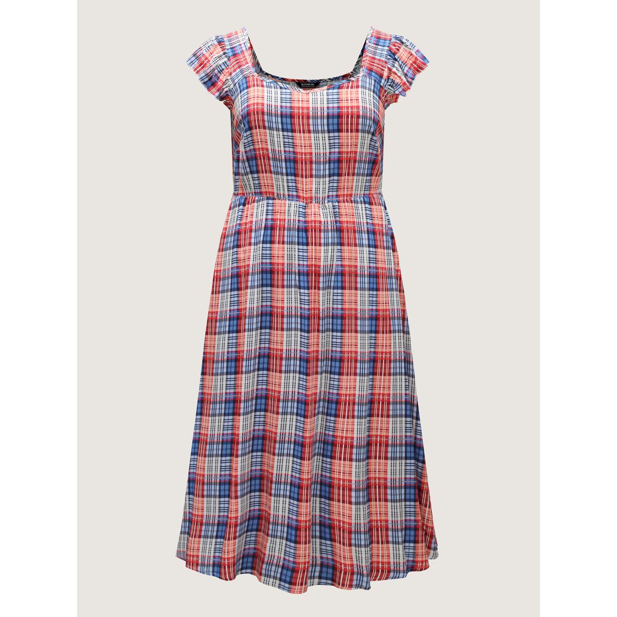 Plus Size Plaid Print Flutter Sleeve Pockets Midi Dress Multicolor Women Heart neckline Cap Sleeve Curvy BloomChic 10/M Product Image