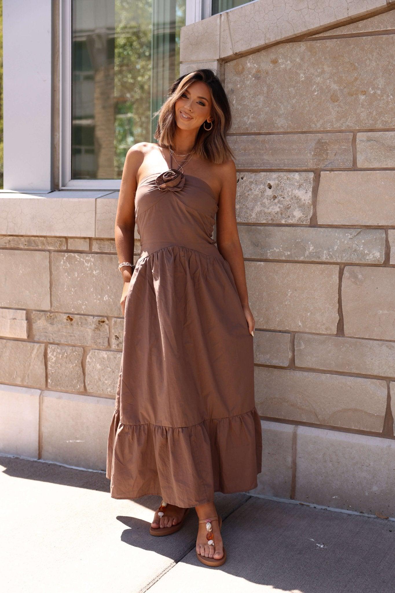 Mocha Rosette Detail Halter Tiered Maxi Dress - FINAL SALE Product Image
