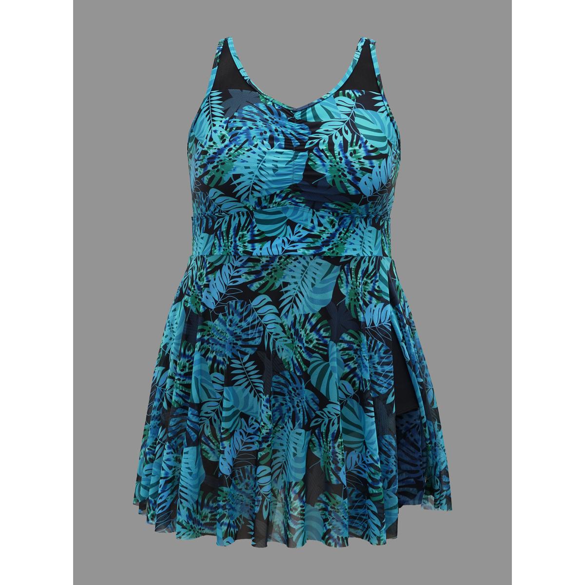 Plus Size Tropical Print Patchwork Mesh Side Slit Swim Dress Women's Swimwear Turquoise Beach Bodycon Heart neckline High stretch Curve Swim Dresses BloomChic 10/M Product Image