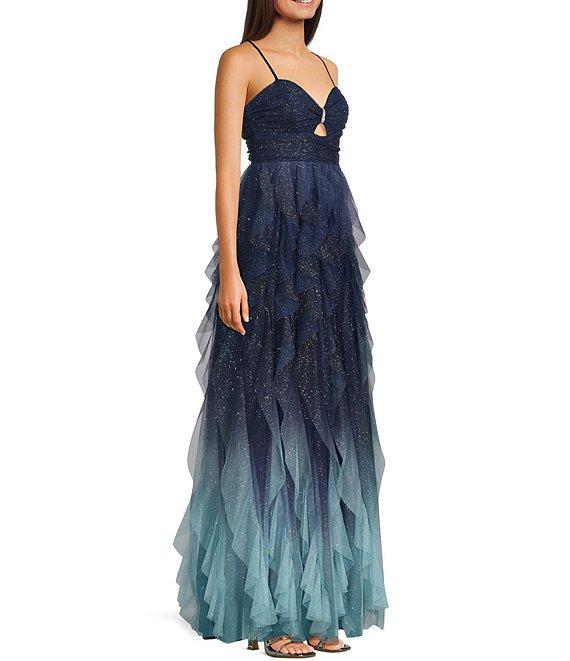 Pear Culture Ombre Glitter Mesh Sweetheart Neck Spaghetti Strap Keyhole Bling Corkscrew Dress Product Image