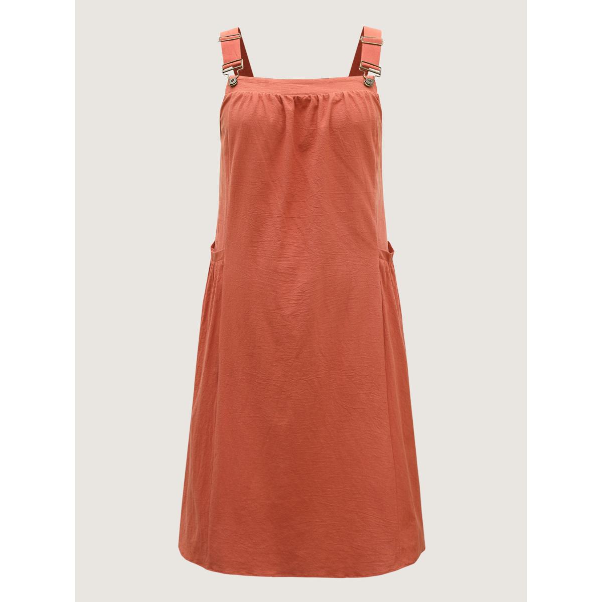 Plus Size Pure Cotton Pleated Pockets Midi Dress Rust Women Leisure Square Neck Sleeveless Curvy BloomChic 28/5X Product Image