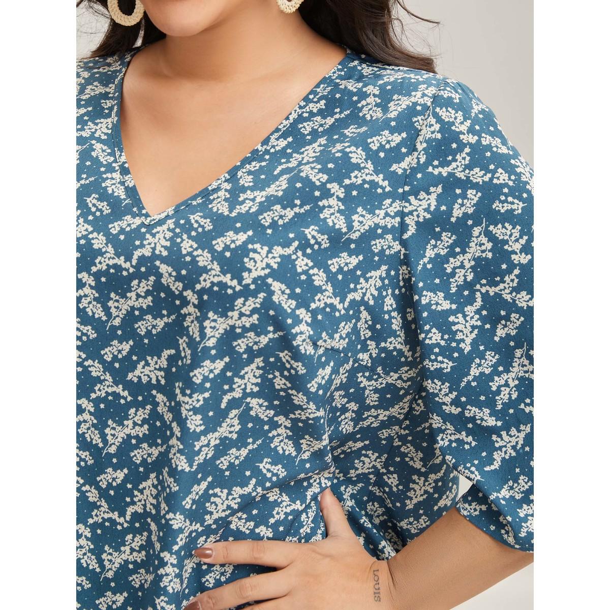 Plus Size Aegean Floral Print Curvy Hem V-Neck Shirt Women Timeless Elbow-length sleeve V-neck Vacation Blouses BloomChic 14-16/1X Product Image