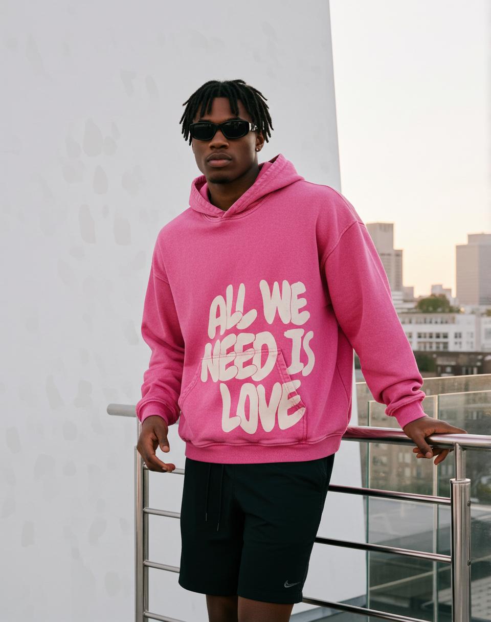 All We Need Is Love Print Pink Washed Hoodie Product Image