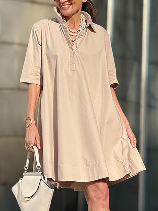 A-Line Short Sleeves Solid Color Split-Joint Lapel Mini Dresses Shirt Dress Product Image