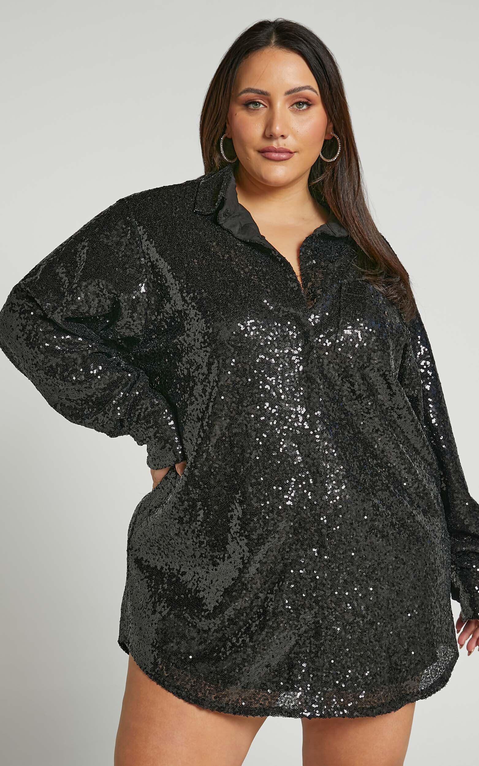 Cally Mini Dress - Oversized Shirt Dress in Black Sequin Product Image