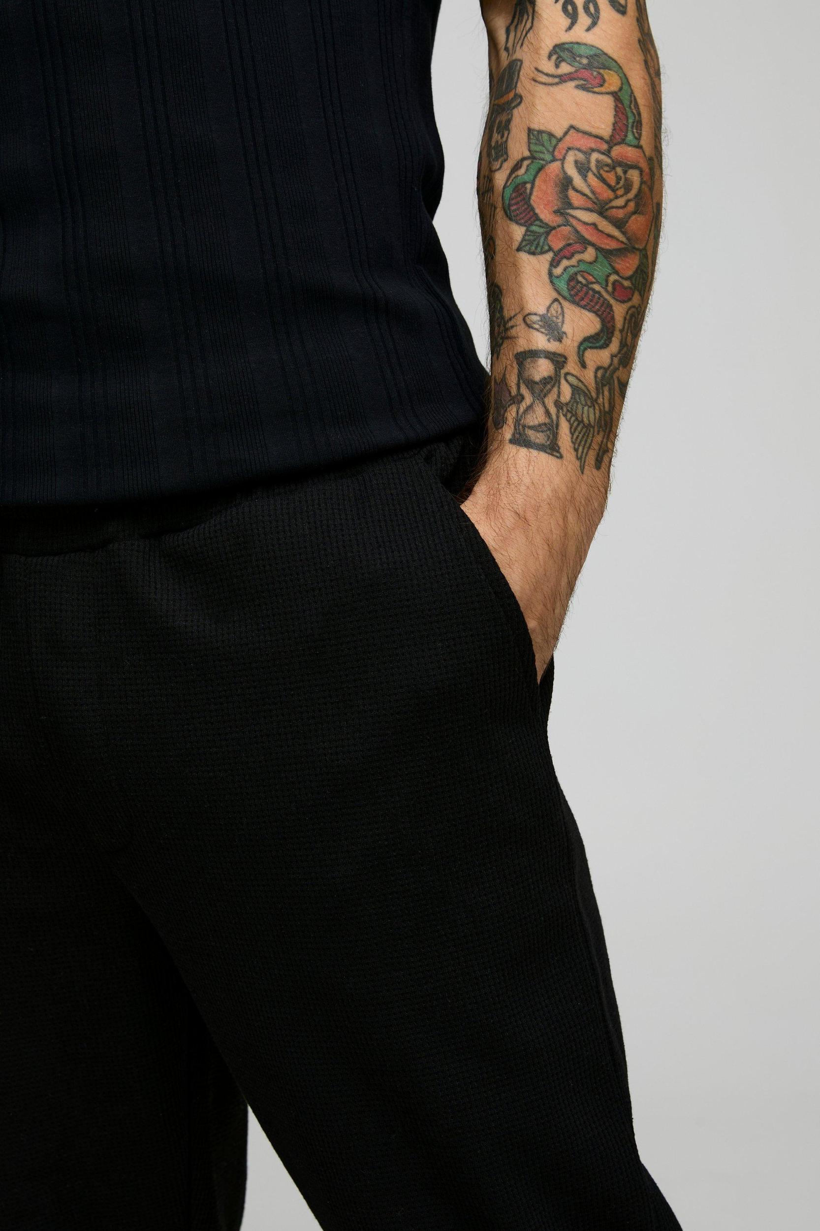 Elasticated Waist Slim Fit Waffle Smart Trousers | boohooMAN USA Product Image