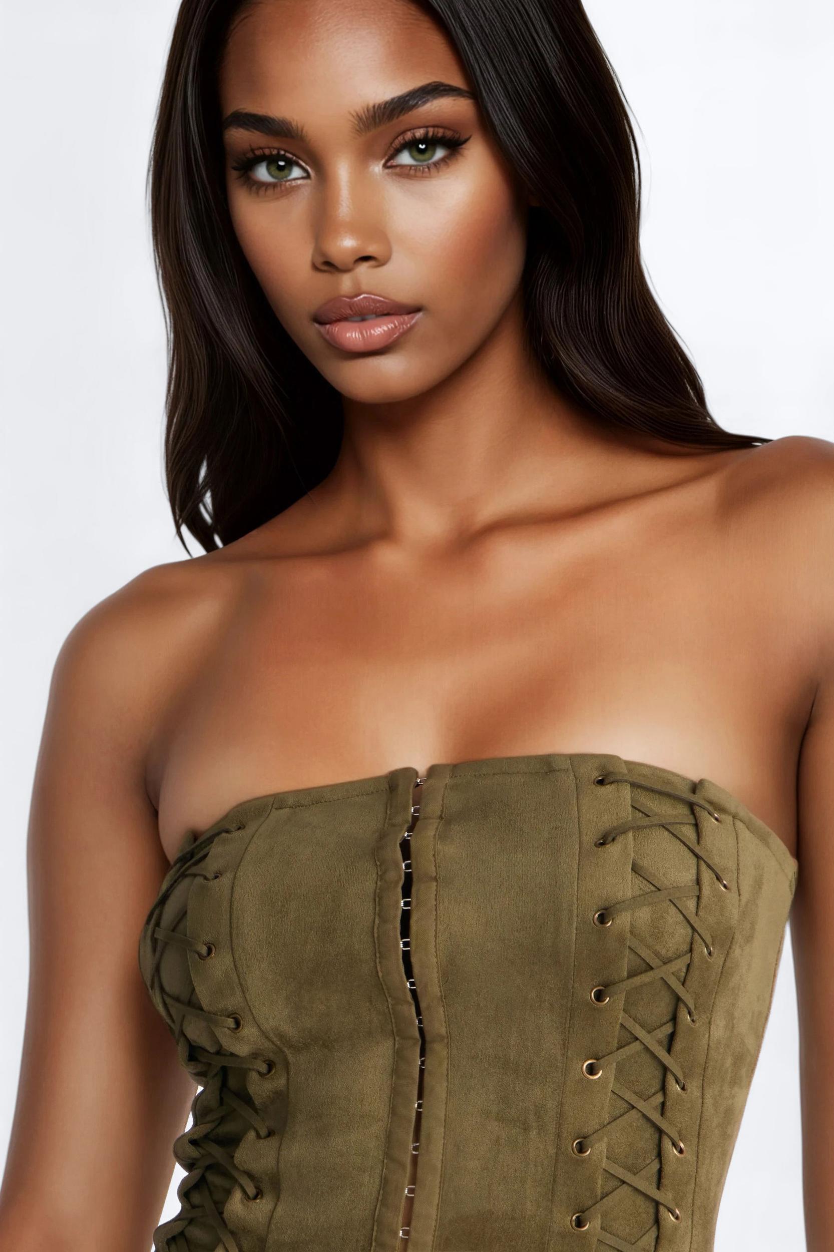 Sammi Faux Suede Lace Up Romper - Olive Female Product Image