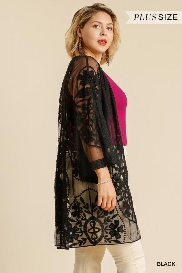 1136   ReeAnn Floral Lace Kimono w/ Waist Tie - Reg & Plus Product Image