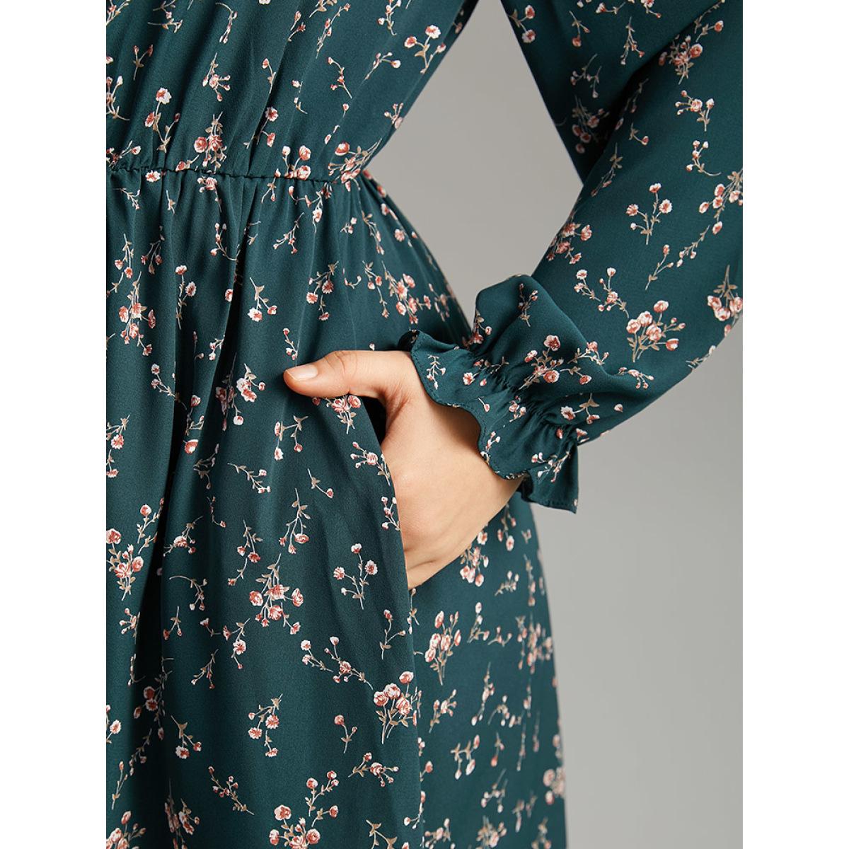 Plus Size Ditsy Floral Pocket Mock Neck Dress DarkGreen Women Elegant Cross straps Mock Neck Long Sleeve Curvy Midi Dress BloomChic 10/M Product Image